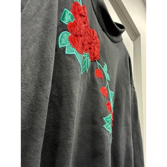 Vintage Rose Applique Sweatshirt M Black Mock Neck Floral Beaded 80s 90s - Picture 2 of 7